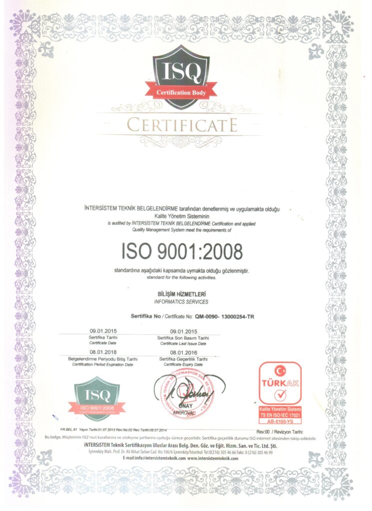 ISO 9001:2008 Kalite Yönetim Sistemi sertifikası
